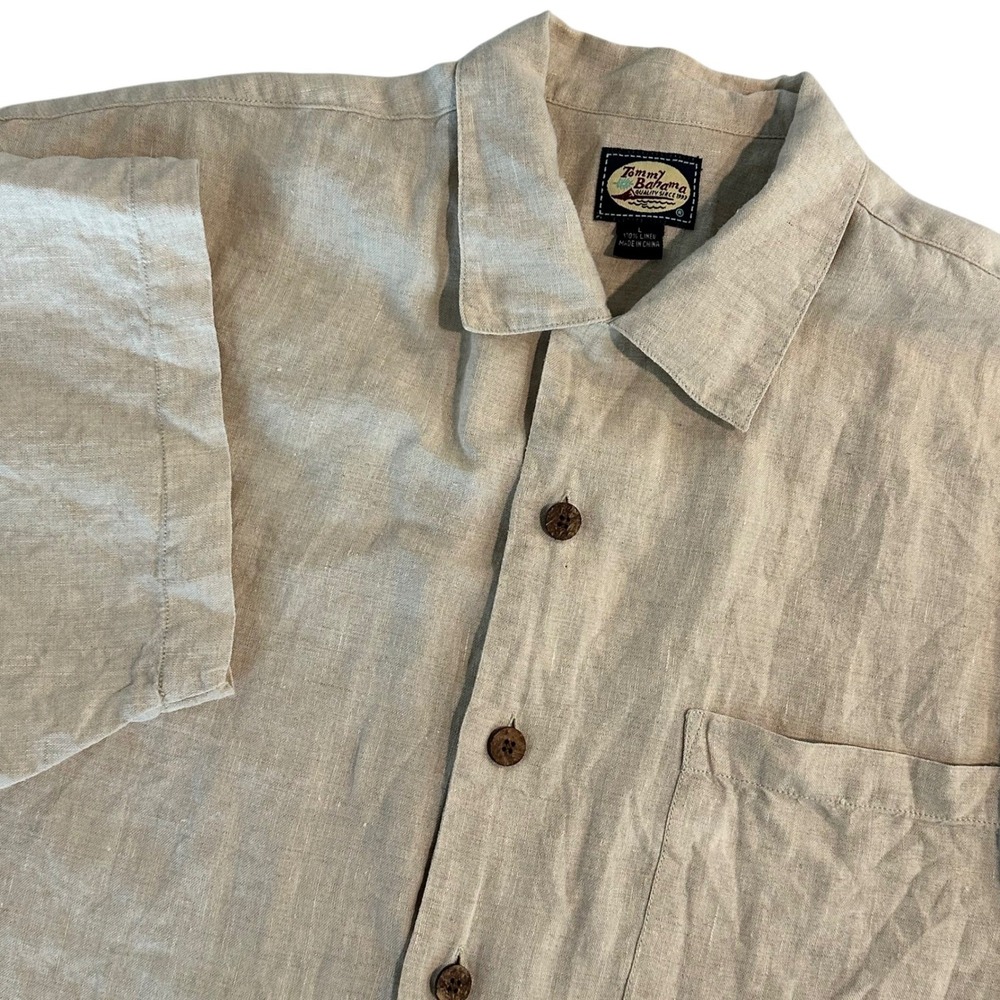 Tommy Bahama Men's 100% Linen Short Sleeve Button Up Shirt Tan Beige Large Relax